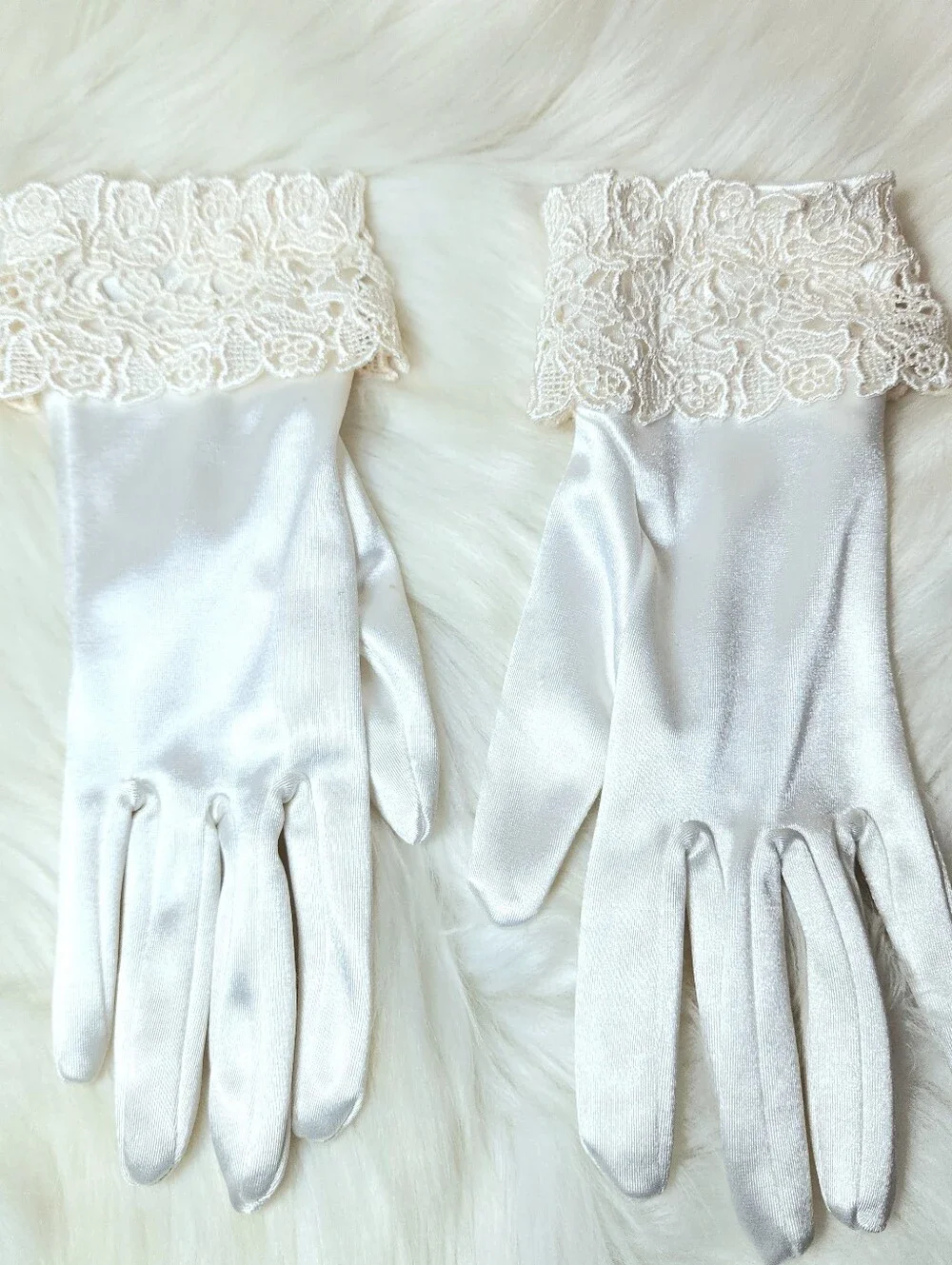 Vintage Satin Gloves With Lace Cuff Stretch Size Medium